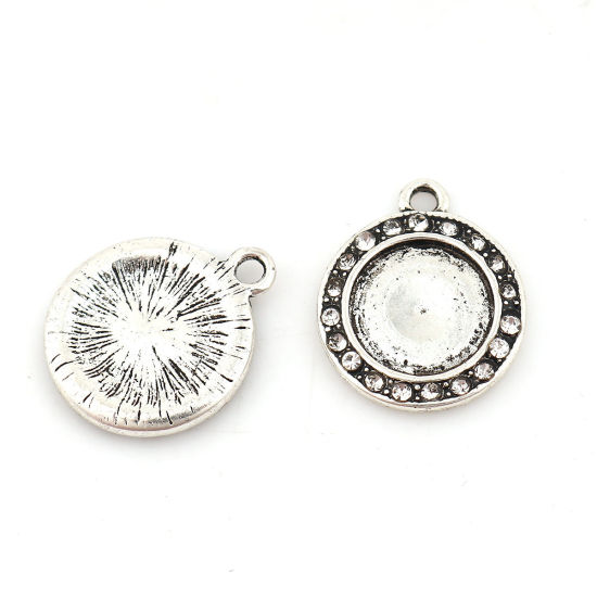 Imagen de Zamak Colgantes Charms Ronda Plata Antigua Base Camafeo (Apta 12mm) Transparente Rhinestone 21mm x 18mm, 3 Unidades
