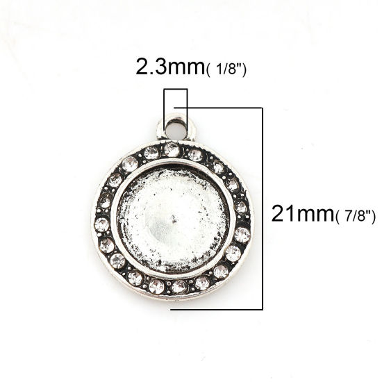 Imagen de Zamak Colgantes Charms Ronda Plata Antigua Base Camafeo (Apta 12mm) Transparente Rhinestone 21mm x 18mm, 3 Unidades