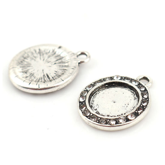 Imagen de Zamak Colgantes Charms Ronda Plata Antigua Base Camafeo (Apta 12mm) Transparente Rhinestone 21mm x 18mm, 3 Unidades