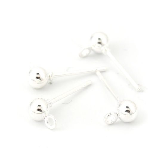 Image de Boucles d'Oreilles Puces en Alliage de Fer Balle Argenté avec Boucle, 6mm x 4mm, Epaisseur de Fil: (20 gauge), 50 Pcs