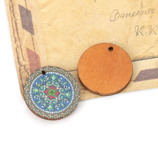 Immagine di Legno Charms Tondo Multicolore Fiore Disegno 20mm , 20 Pz