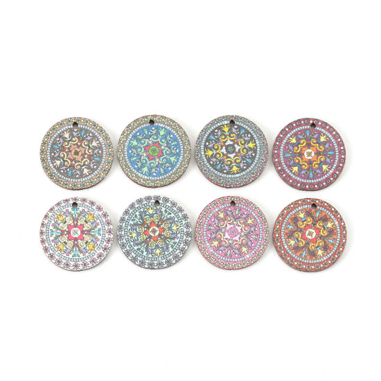 Immagine di Legno Charms Tondo Multicolore Fiore Disegno 20mm , 20 Pz