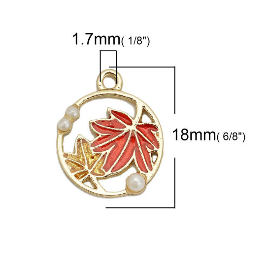Imagen de Zamak Colgantes Charms Ronda Chapado en Oro Rojo Hoja de Arce Esmalte 18mm x 15mm, 5 Unidades