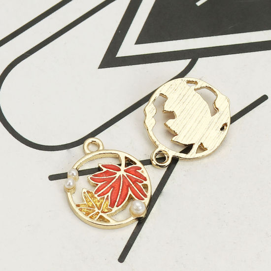 Imagen de Zamak Colgantes Charms Ronda Chapado en Oro Rojo Hoja de Arce Esmalte 18mm x 15mm, 5 Unidades