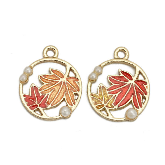Imagen de Zamak Colgantes Charms Ronda Chapado en Oro Rojo Hoja de Arce Esmalte 18mm x 15mm, 5 Unidades