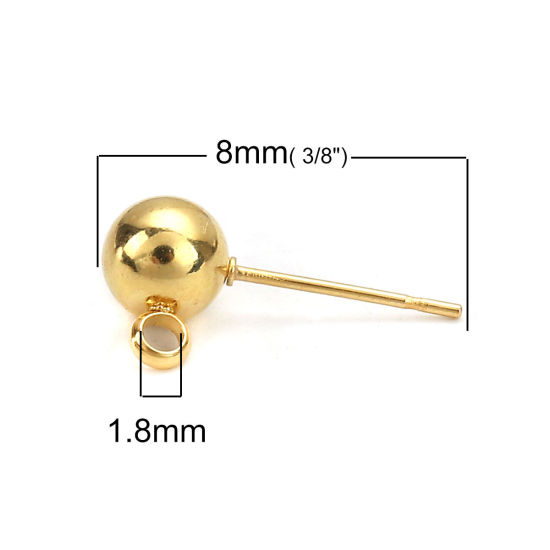 Picture of 304 Stainless Steel Ear Post Stud Earrings Ball Gold Plated W/ Loop 9mm( 3/8") x 6mm( 2/8"), Post/ Wire Size: (21 gauge), 6 PCs