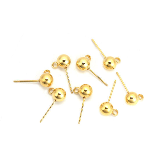 Picture of 304 Stainless Steel Ear Post Stud Earrings Ball Gold Plated W/ Loop 9mm( 3/8") x 6mm( 2/8"), Post/ Wire Size: (21 gauge), 6 PCs