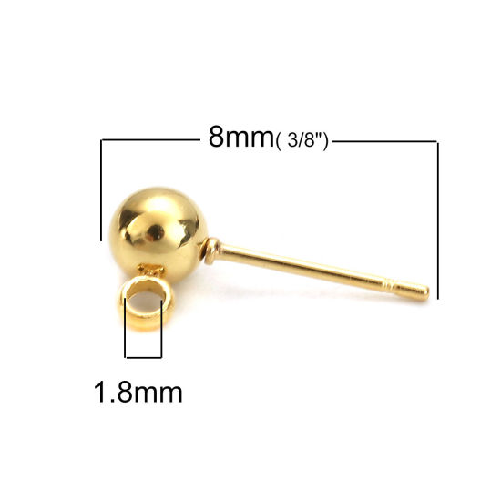Picture of 304 Stainless Steel Ear Post Stud Earrings Ball Gold Plated W/ Loop 8mm( 3/8") x 5mm( 2/8"), Post/ Wire Size: (21 gauge), 6 PCs