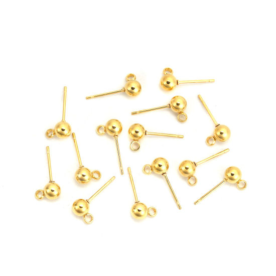 Picture of 304 Stainless Steel Ear Post Stud Earrings Ball Gold Plated W/ Loop 8mm( 3/8") x 5mm( 2/8"), Post/ Wire Size: (21 gauge), 6 PCs