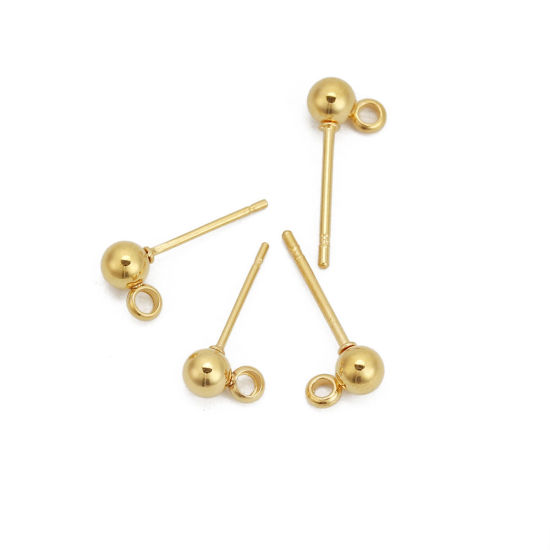 Picture of 304 Stainless Steel Ear Post Stud Earrings Ball Gold Plated W/ Loop 7mm( 2/8") x 4mm( 1/8"), Post/ Wire Size: (21 gauge), 6 PCs