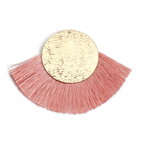 Image de Pendentifs Franges en Polyester Rond Doré Orange Clair 70mm x 50mm, 3 Pcs