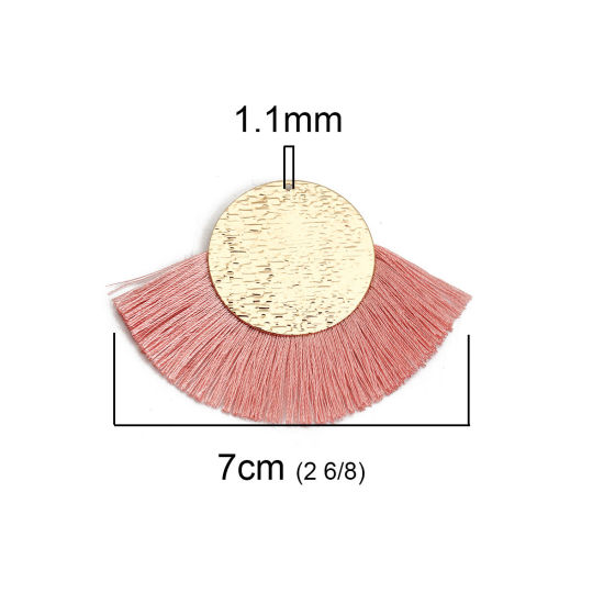 Image de Pendentifs Franges en Polyester Rond Doré Orange Clair 70mm x 50mm, 3 Pcs
