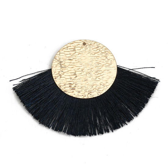 Image de Pendentifs Franges en Polyester Rond Doré Bleu Marine 70mm x 50mm, 3 Pcs
