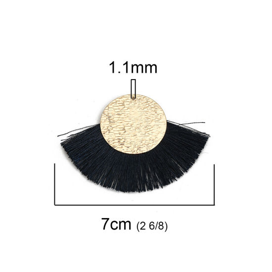 Image de Pendentifs Franges en Polyester Rond Doré Bleu Marine 70mm x 50mm, 3 Pcs
