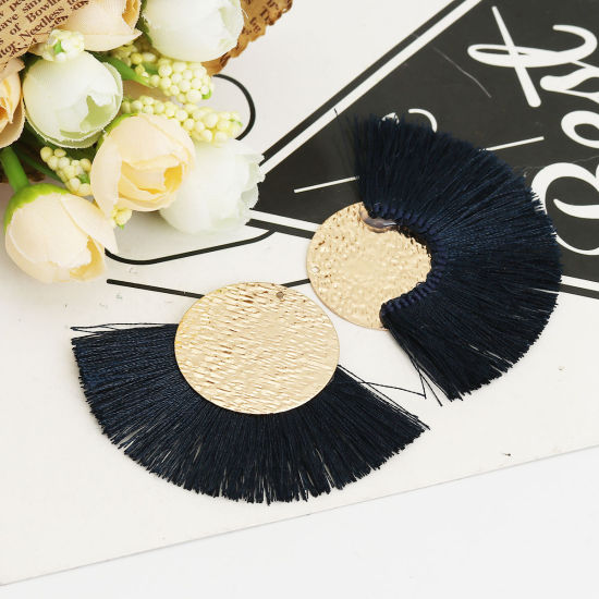 Image de Pendentifs Franges en Polyester Rond Doré Bleu Marine 70mm x 50mm, 3 Pcs