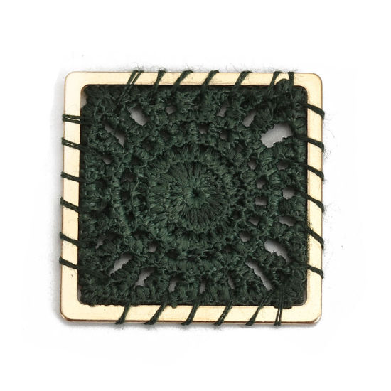 Image de Connecteurs en Polyester Carré Vert Foncé Doré Tissé 30mm x 30mm, 5 Pcs