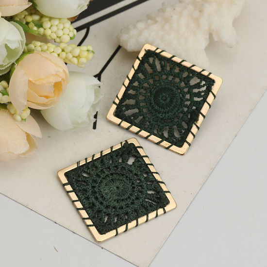 Image de Connecteurs en Polyester Carré Vert Foncé Doré Tissé 30mm x 30mm, 5 Pcs