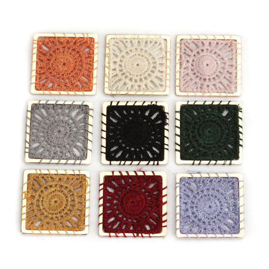 Image de Connecteurs en Polyester Carré Vert Foncé Doré Tissé 30mm x 30mm, 5 Pcs
