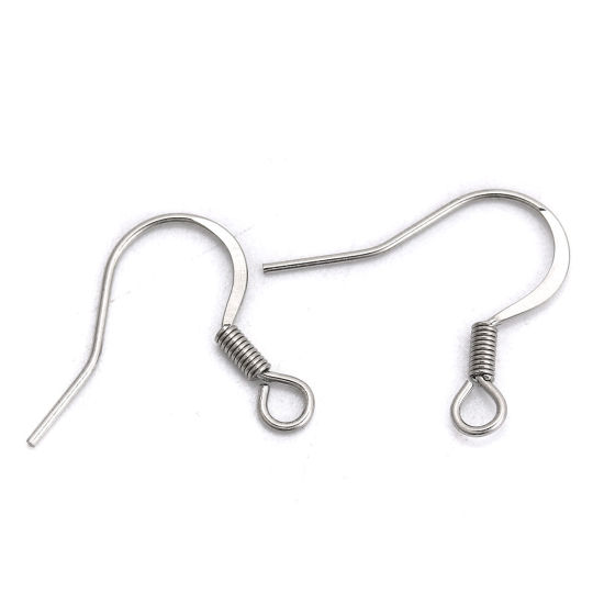 Picture of 316 Stainless Steel Ear Wire Hooks Earring Findings Silver Tone W/ Loop 17mm( 5/8") x 17mm( 5/8"), Post/ Wire Size: (21 gauge), 20 PCs