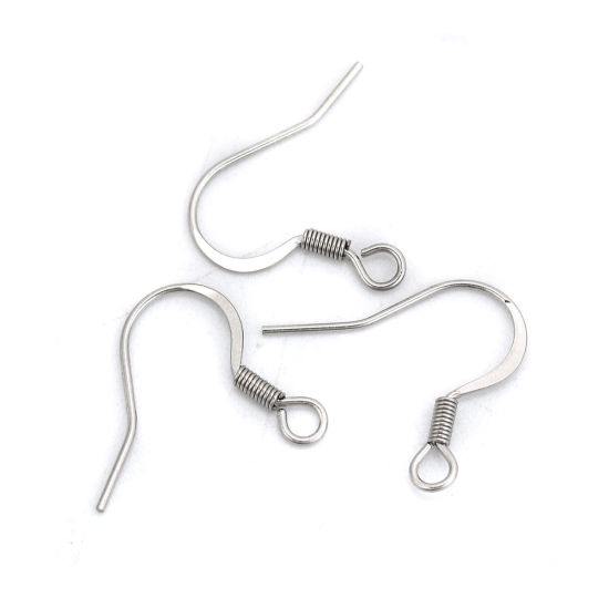 Picture of 316 Stainless Steel Ear Wire Hooks Earring Findings Silver Tone W/ Loop 17mm( 5/8") x 17mm( 5/8"), Post/ Wire Size: (21 gauge), 20 PCs