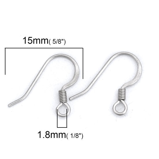Picture of 316 Stainless Steel Ear Wire Hooks Earring Findings Silver Tone W/ Loop 15mm( 5/8") x 12mm( 4/8"), Post/ Wire Size: (21 gauge), 20 PCs
