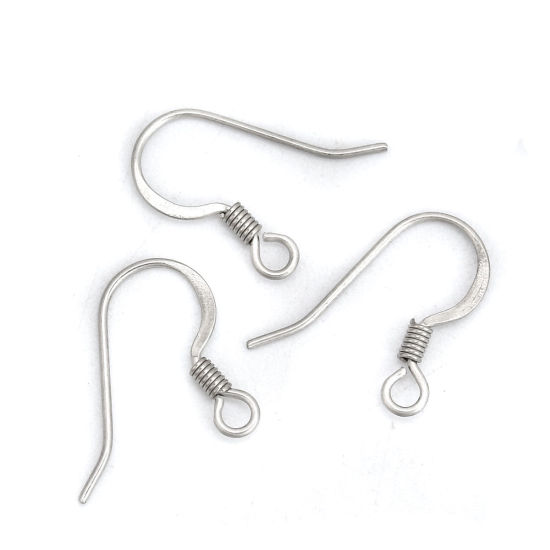 Picture of 316 Stainless Steel Ear Wire Hooks Earring Findings Silver Tone W/ Loop 15mm( 5/8") x 12mm( 4/8"), Post/ Wire Size: (21 gauge), 20 PCs