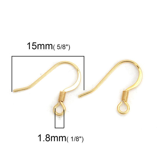 Picture of 316 Stainless Steel Ear Wire Hooks Earring Findings Gold Plated W/ Loop 15mm( 5/8") x 13mm( 4/8"), Post/ Wire Size: (21 gauge), 6 PCs
