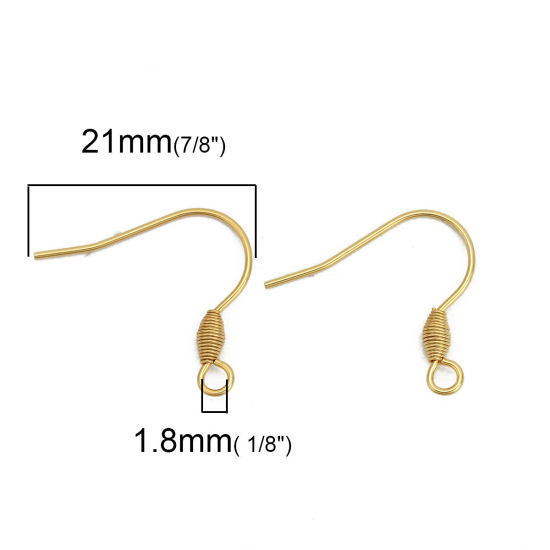 Picture of 316 Stainless Steel Ear Wire Hooks Earring Findings Gold Plated W/ Loop 21mm( 7/8") x 19mm( 6/8"), Post/ Wire Size: (20 gauge), 20 PCs