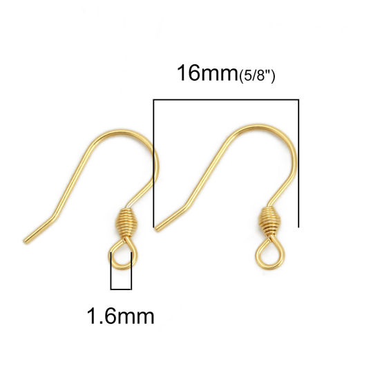 Picture of 316 Stainless Steel Ear Wire Hooks Earring Findings Gold Plated W/ Loop 16mm( 5/8") x 13mm( 4/8"), Post/ Wire Size: (21 gauge), 20 PCs