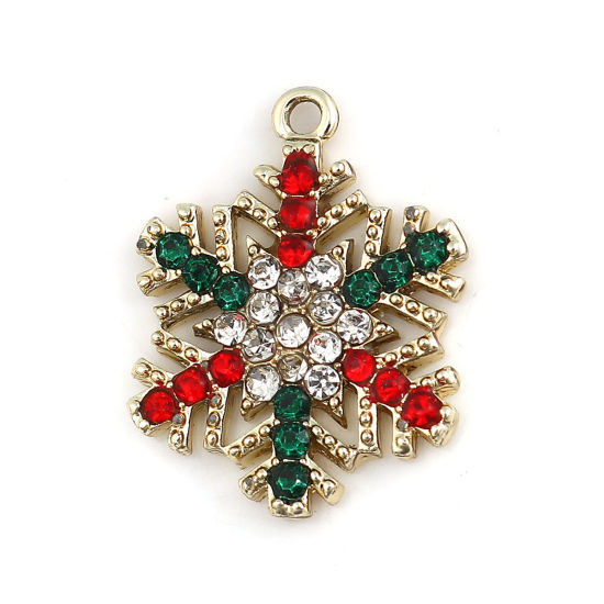 Image de Breloques en Alliage de Zinc Flocon de Neige de Noël Doré à Strass Coloré 24mm x 19mm, 5 Pcs