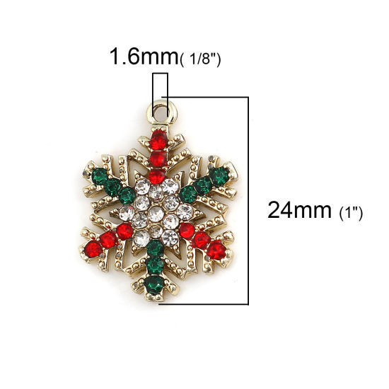 Image de Breloques en Alliage de Zinc Flocon de Neige de Noël Doré à Strass Coloré 24mm x 19mm, 5 Pcs