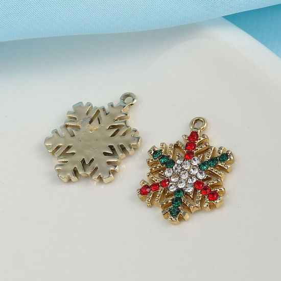 Image de Breloques en Alliage de Zinc Flocon de Neige de Noël Doré à Strass Coloré 24mm x 19mm, 5 Pcs