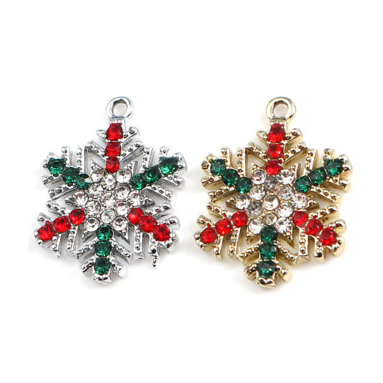 Image de Breloques en Alliage de Zinc Flocon de Neige de Noël Doré à Strass Coloré 24mm x 19mm, 5 Pcs