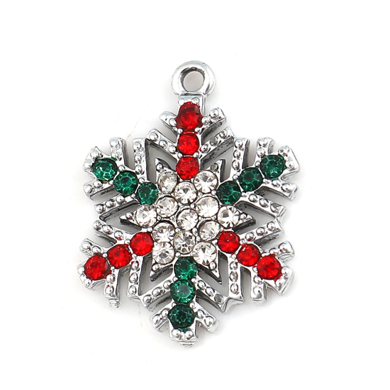 Image de Breloques en Alliage de Zinc Flocon de Neige de Noël Argent Mat à Strass Transparent 24mm x 19mm, 5 Pcs