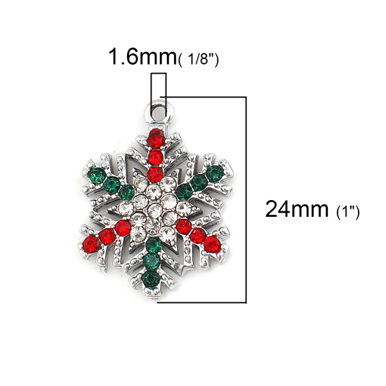 Image de Breloques en Alliage de Zinc Flocon de Neige de Noël Argent Mat à Strass Transparent 24mm x 19mm, 5 Pcs