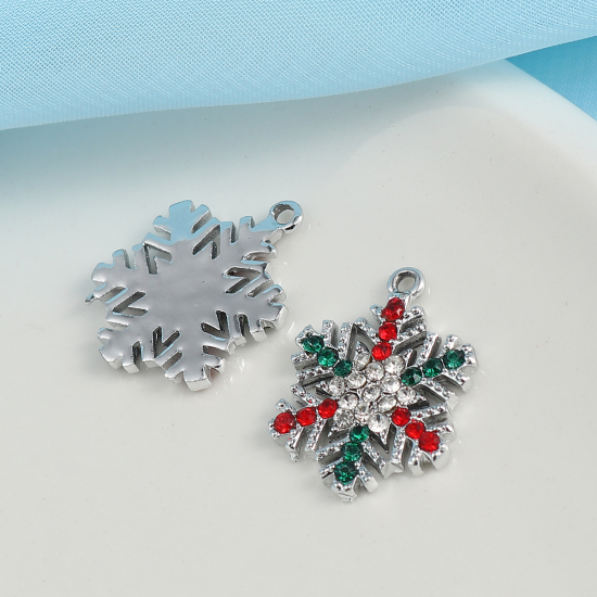 Image de Breloques en Alliage de Zinc Flocon de Neige de Noël Argent Mat à Strass Transparent 24mm x 19mm, 5 Pcs