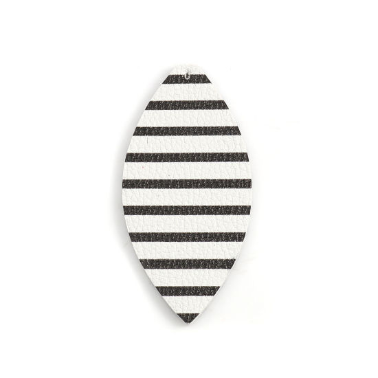Picture of PU Leather Pendants Leaf Black & White Stripe 68mm(2 5/8") x 33mm(1 2/8"), 50 PCs