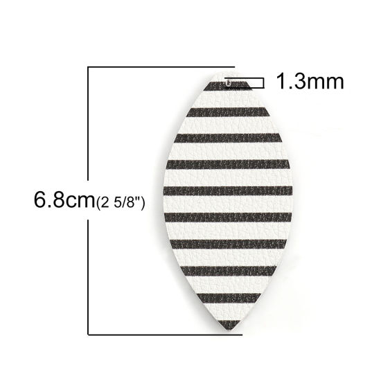 Picture of PU Leather Pendants Leaf Black & White Stripe 68mm(2 5/8") x 33mm(1 2/8"), 50 PCs
