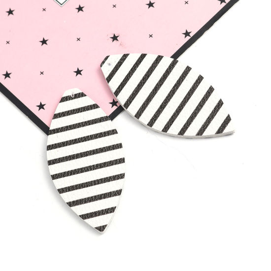 Picture of PU Leather Pendants Leaf Black & White Stripe 68mm(2 5/8") x 33mm(1 2/8"), 50 PCs
