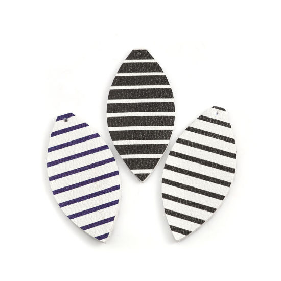 Picture of PU Leather Pendants Leaf Black & White Stripe 68mm(2 5/8") x 33mm(1 2/8"), 50 PCs