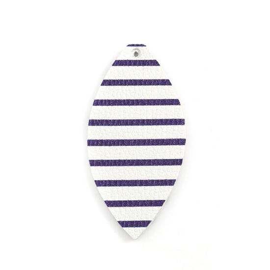 Picture of PU Leather Pendants Leaf Black & White Stripe 68mm(2 5/8") x 33mm(1 2/8"), 50 PCs
