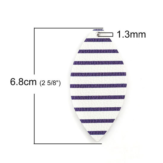 Picture of PU Leather Pendants Leaf Black & White Stripe 68mm(2 5/8") x 33mm(1 2/8"), 50 PCs