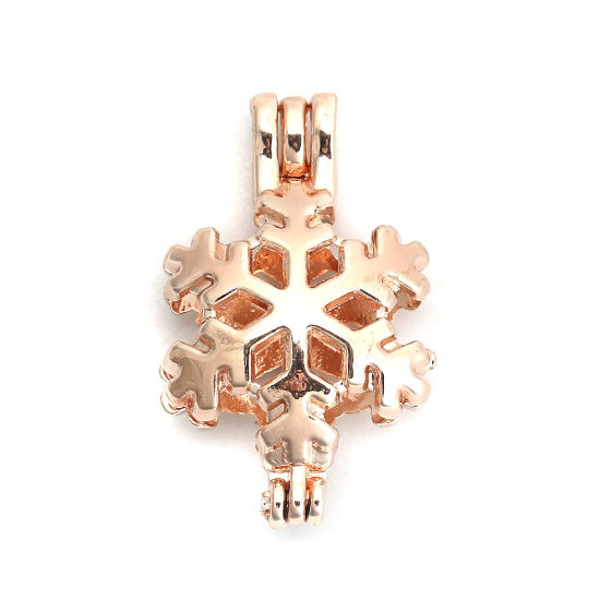 Picture of Zinc Based Alloy Wish Pearl Locket Jewelry Pendants Christmas Snowflake Rose Gold Can Open (Fit Bead Size: 8mm) 31mm(1 2/8") x 19mm( 6/8"), 3 PCs