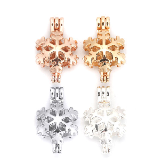 Picture of Zinc Based Alloy Wish Pearl Locket Jewelry Pendants Christmas Snowflake Rose Gold Can Open (Fit Bead Size: 8mm) 31mm(1 2/8") x 19mm( 6/8"), 3 PCs