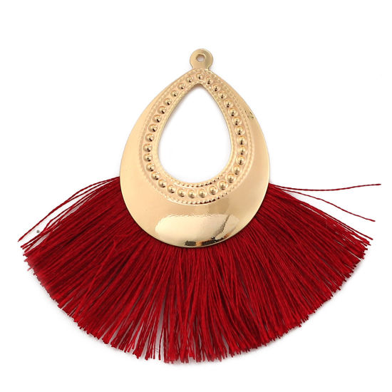 Immagine di Poliestere Nappine Ciondoli Goccia Oro Placcato Colore di Vino Rosso 60mm x 55mm, 3 Pz