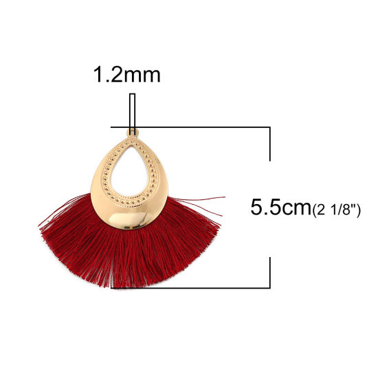 Immagine di Poliestere Nappine Ciondoli Goccia Oro Placcato Colore di Vino Rosso 60mm x 55mm, 3 Pz