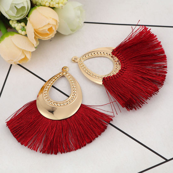 Immagine di Poliestere Nappine Ciondoli Goccia Oro Placcato Colore di Vino Rosso 60mm x 55mm, 3 Pz