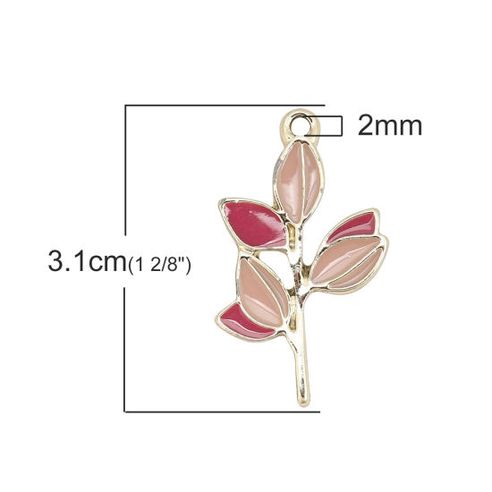 Picture of Zinc Based Alloy Pendants Leaf Gold Plated Pink Enamel 31mm(1 2/8") x 18mm( 6/8"), 10 PCs