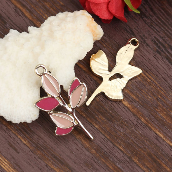 Picture of Zinc Based Alloy Pendants Leaf Gold Plated Pink Enamel 31mm(1 2/8") x 18mm( 6/8"), 10 PCs