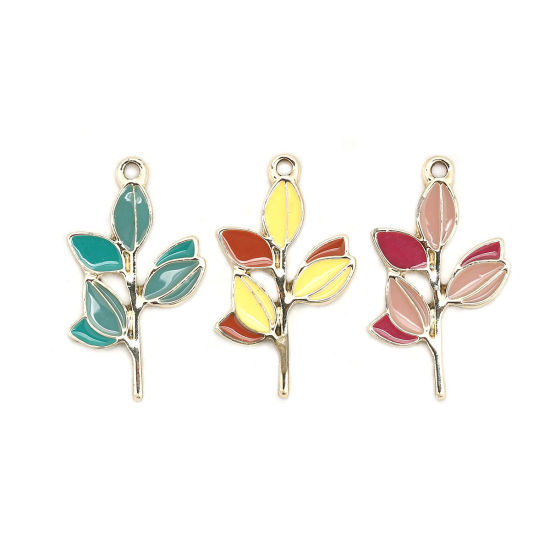 Picture of Zinc Based Alloy Pendants Leaf Gold Plated Pink Enamel 31mm(1 2/8") x 18mm( 6/8"), 10 PCs